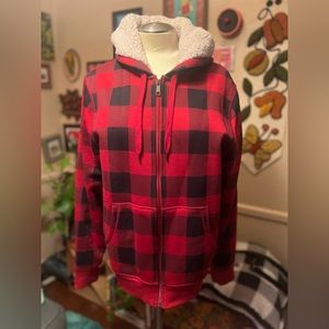 Men’s Red Buffalo Plaid Sherpa Fleece Lined Zip Up Hoodie, M.